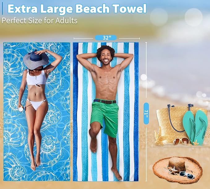 2 Pack Lightweight Thin Beach Towel Oversized 71"x32" Big Extra Large - Image 3