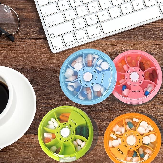 INVODA Weekly Pill Organizer 7 Compartment Rotating Pill Box - Image 8