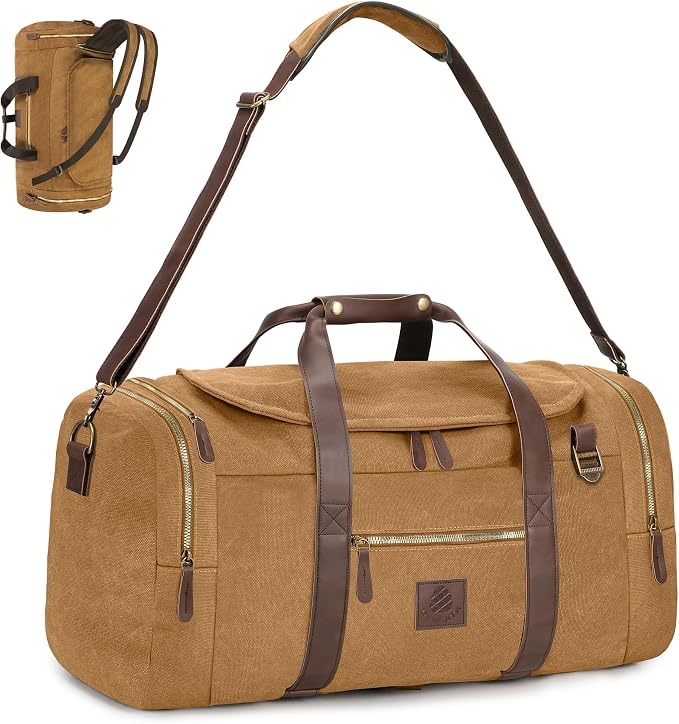 Vintage Canvas Duffle Bag, 50L Genuine Leather Travel Duffel Backpack by DensataTravelBag