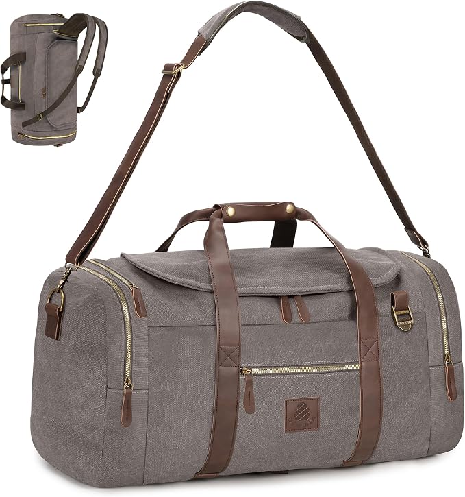 Vintage Canvas Duffle Bag, 50L Genuine Leather Travel Duffel Backpack by DensataTravelBag
