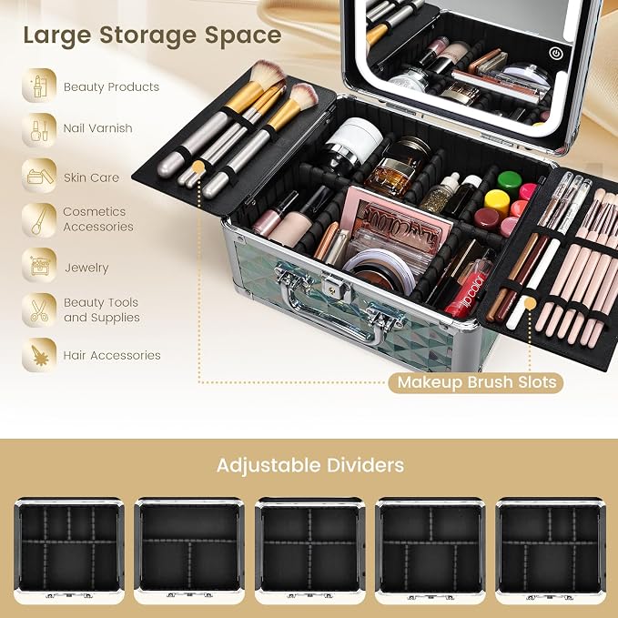 Makeup Case with Magnetic LED Mirror Travel Cosmetic Organizer Portable Makeup - Image 3