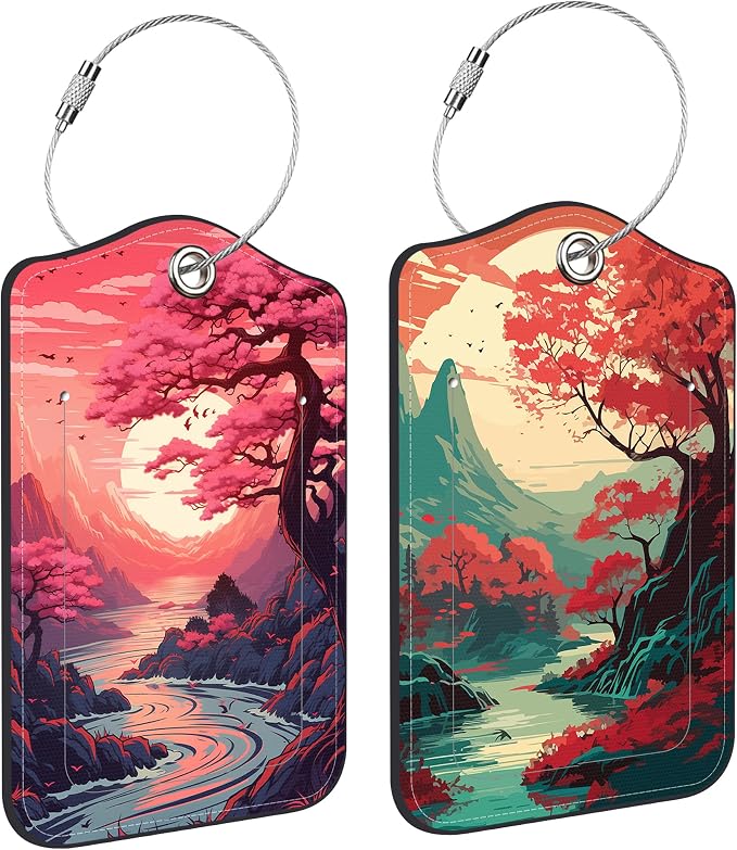 2 Pack Luggage Tag for Suitcase Japanese Sakura Tree Mountains Sunset Leather by Unknown