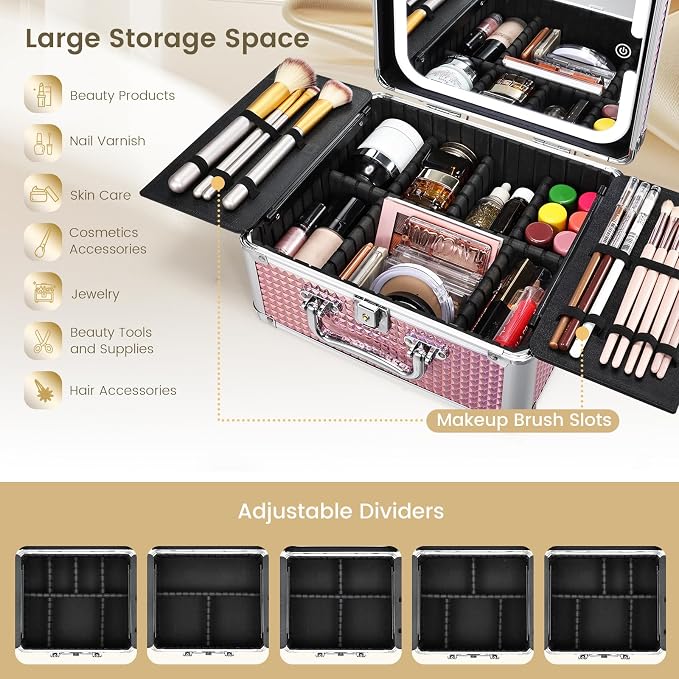 Makeup Case with Magnetic Lighted Mirror Makeup Organizer Box Travel Cosmetic - Image 3