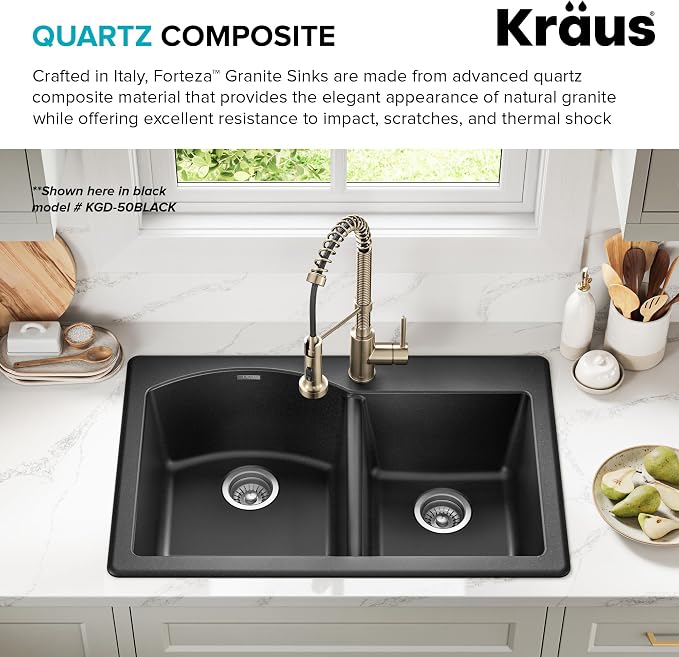 KRAUS Forteza 33-inch Granite Drop In/Undermount 60/40 Double Bowl White - Image 6