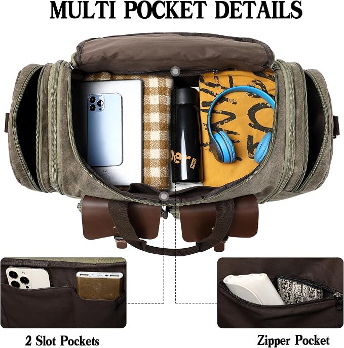 Waxed Canvas Duffle Bag for Men 60L Travel Duffel Bags Expandable Genuine - Image 5
