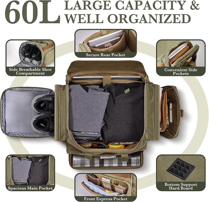 SHOWKOO Duffle Bag for Travel 60L Expandable Canvas Travel Bag Durable Vintage - Image 3