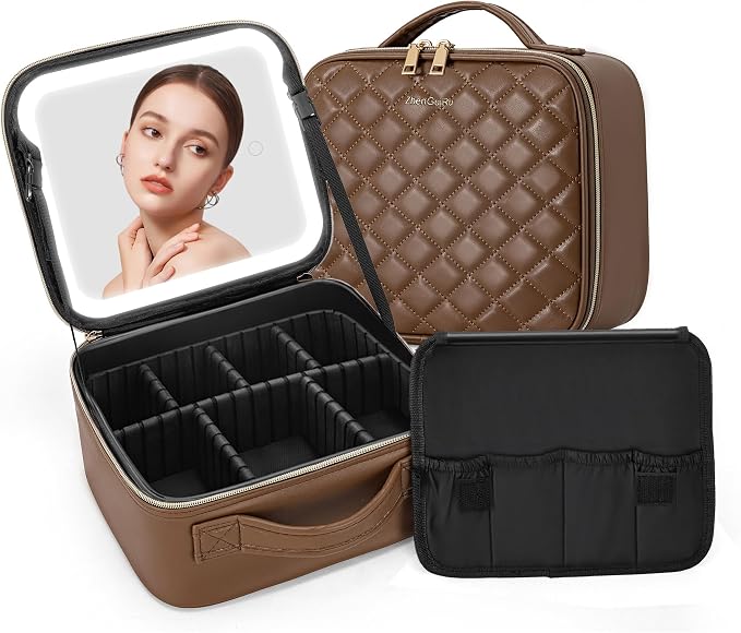 Travel Makeup Bag with LED Mirror – Waterproof Cosmetic Train Case with by ZhenGuiRu