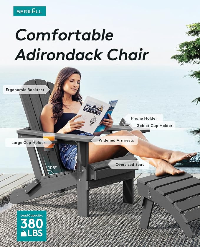 SERWALL Foldable Adirondack Chair Set of 6, HDPE Adirondack Chair - Image 3