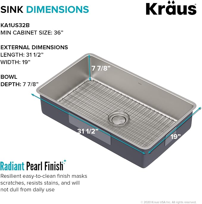 KRAUS Dex 32-inch Undermount 16 Gauge Stainless Steel Single Bowl Kitchen Sink - Image 6
