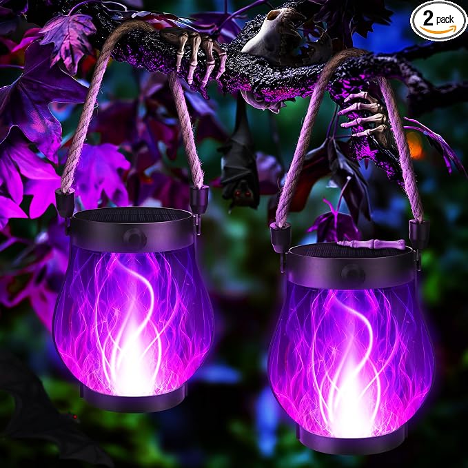 Halloween Solar Flame Lantern Hanging Outdoor Waterproof Purple by Jyoiat