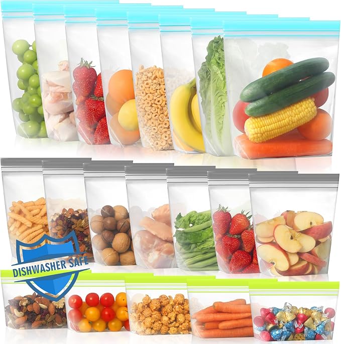 Lerine 20 Pack Reusable Freezer Bags Dishwasher Microwave Safe, Stand Up by Lerine