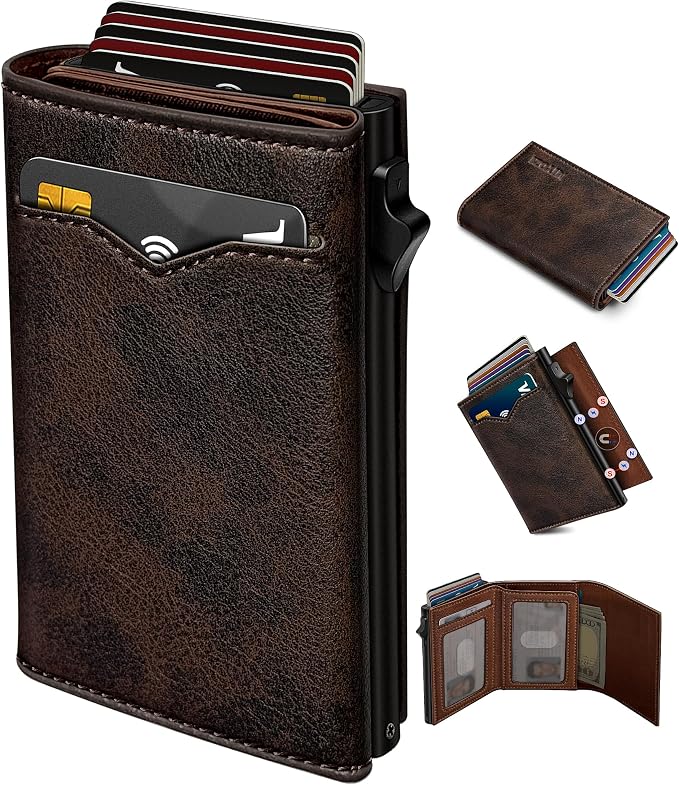 Wallet for Men, with Cash Pocket 2 ID Window 9-13 Cards, Metal Case Smart Slim by Miyozi