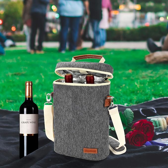 ZORMY 2 Bottle Insulated Wine Tote Bag, Wine Carrier Travel Padded Cooler Bag - Image 6