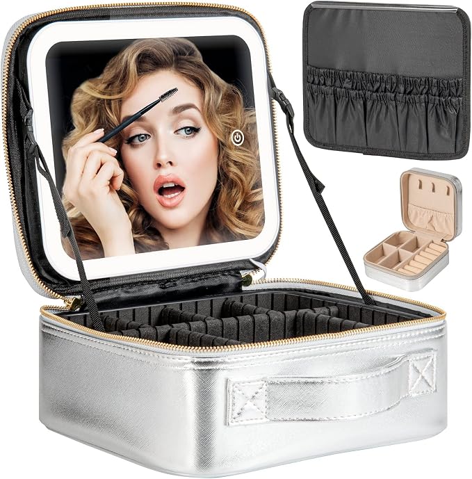 Makeup Travel Train Case with Mirror LED Light 3 Adjustable Brightness Large by Extrei+Gent