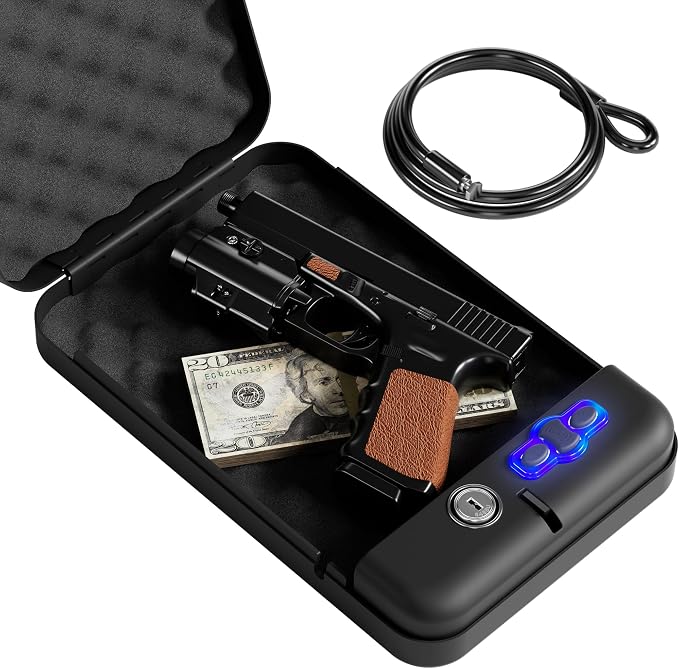Portable Pistol Safes – Electronic Lock Box & Key Access, Silent Mode, Compact by Grimtron