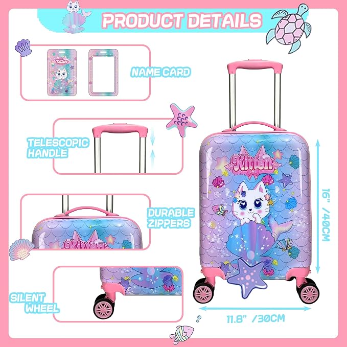 Cute Cat Kid’s Luggage Set 5 Piece Suitcase Set 16’’ Hardside Luggage - Image 2