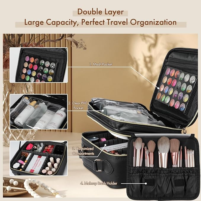 Travel Makeup Bag with LED Mirror Double Layer, Detachable Vanity Mirror with - Image 2