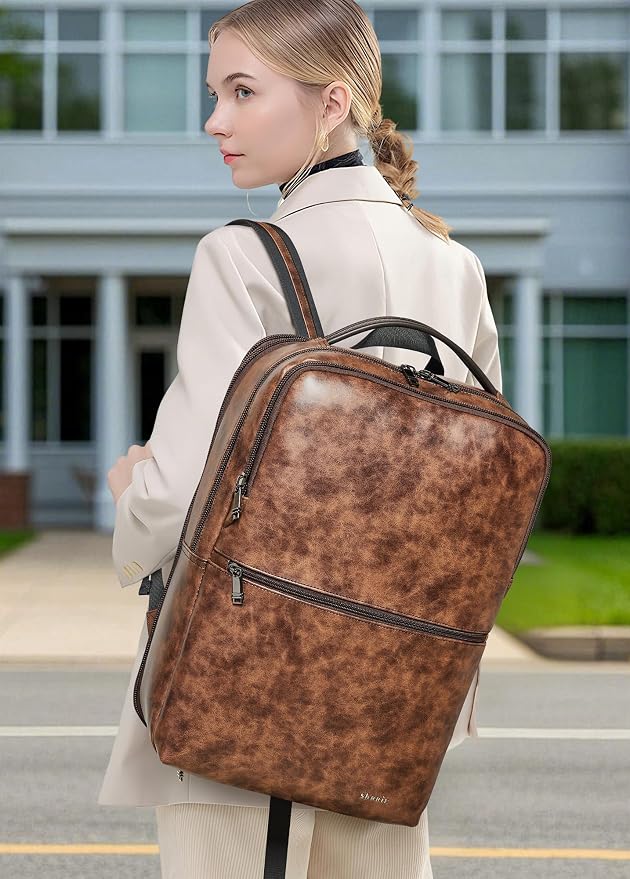Vegan Leather Laptop Backpack for Women&Men, 16 Inch Expandable Backpack - Image 2