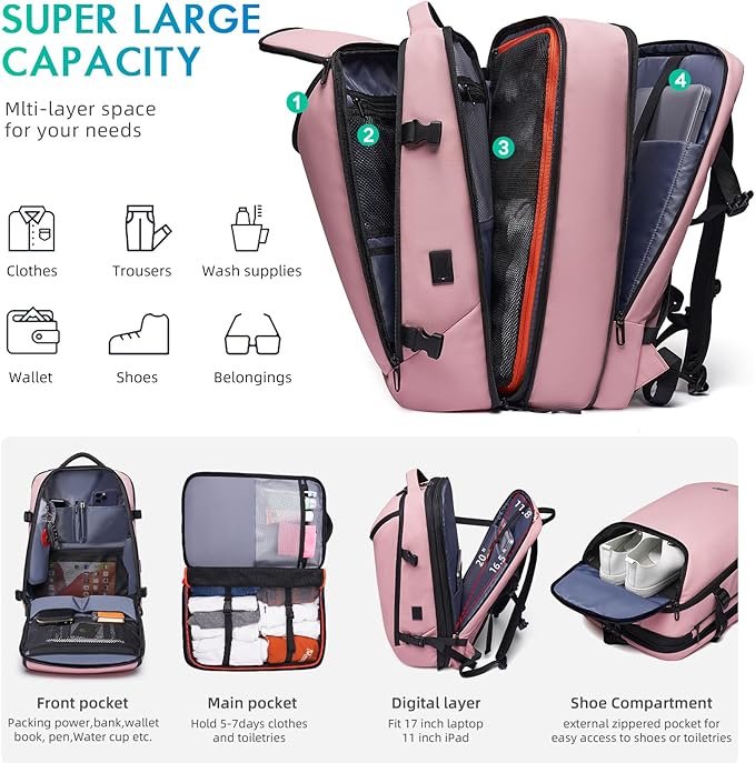 Travel Backpack for Women, 50L Carry On Backpack, Expandable Flight Approved - Image 3