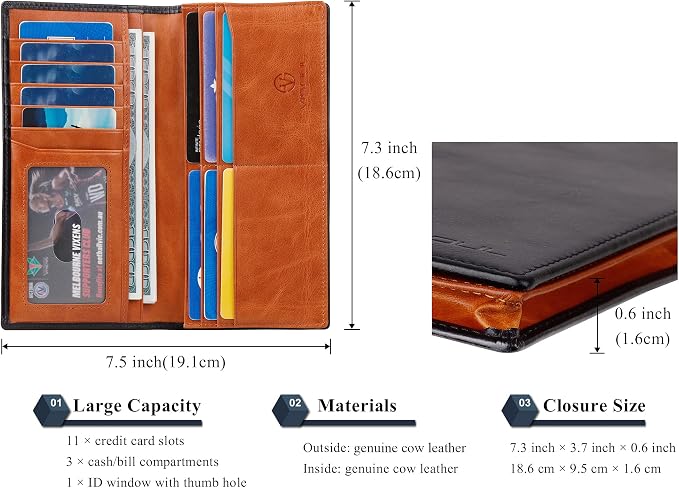VISOUL Mens Leather Long Bi-fold Checkbook RFID Blocking Wallets, Breast Pocket - Image 3