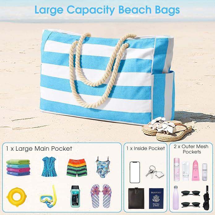 Becokan Beach Bags for Women Large Waterproof Beach Tote Bag Zipper Beach Bags - Image 7