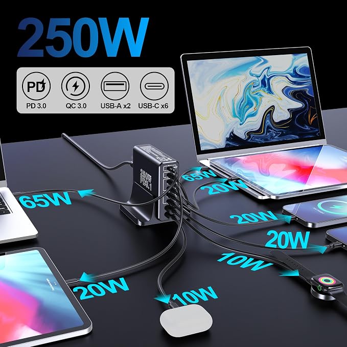 Aftertop 250W USB C Charger, 8-Ports PD3.1 140W Fast Charging Station, Compact - Image 8