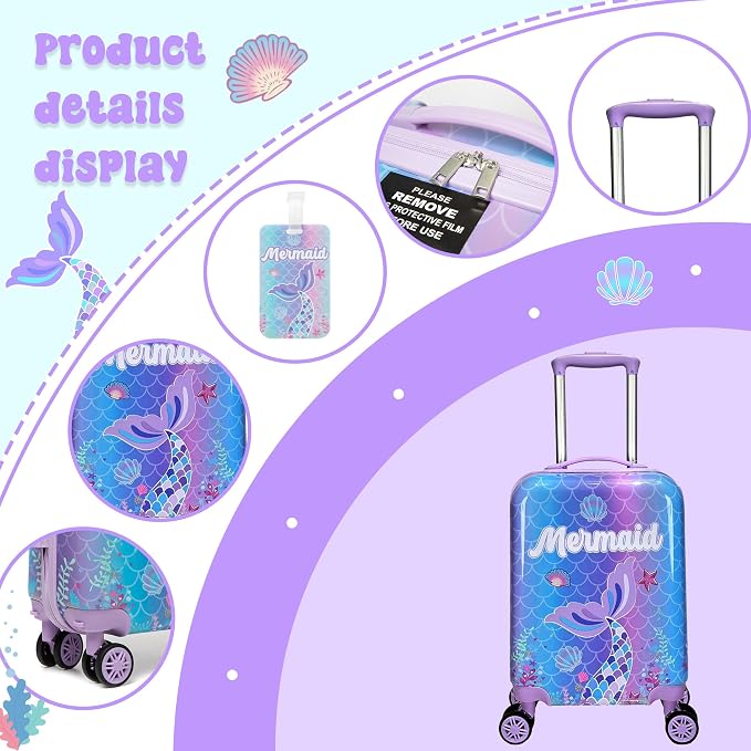 Cute Mermaid Kid’s Luggage Set 5 Piece Suitcase Set 16’’ Hardside Luggage - Image 4