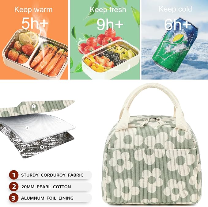 Bluboon Lunch Bag for Women Men Cute Corduroy Lunch Tote Bags Reusable - Image 6