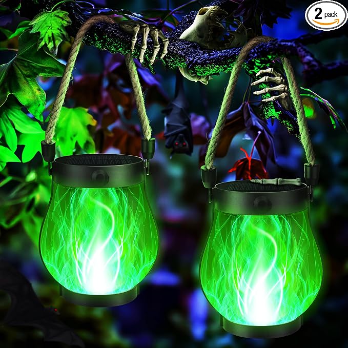 Halloween Solar Flame Lantern Hanging Outdoor Waterproof Purple by Jyoiat