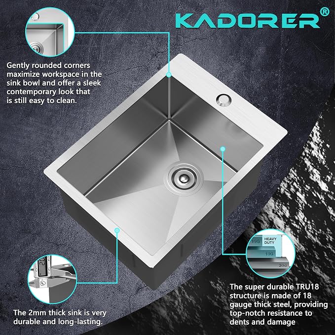 15 x 20 Inch Drop In Kitchen Bar Sink, Small Kitchen Sink Single Bowl Topmount - Image 5