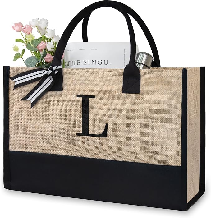 TOPDesign Initial Jute/Canvas Tote Bag, Personalized Present Bag, Suitable by TOPDesign