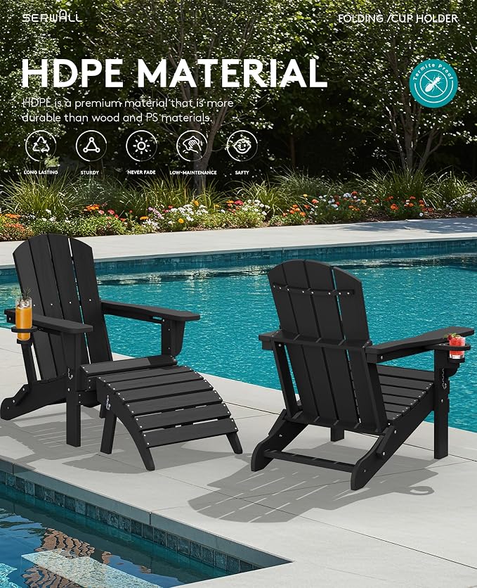 SERWALL Folding Adirondack Chair, Dual Cup Holders & All-Weather HDPE, - Image 12