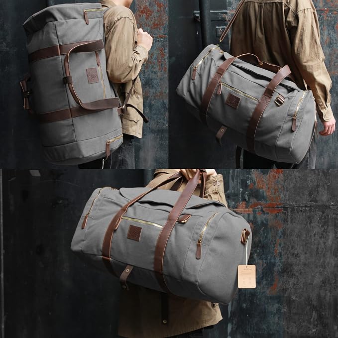 Vintage Canvas Duffle Bag, 50L Genuine Leather Travel Duffel Backpack - Image 2