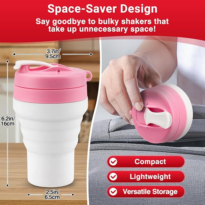Protein Shaker Bottle Pink Collapsible - Image 2