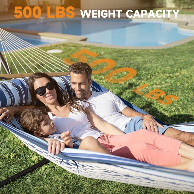 2 Person Outdoor Hammock with Stand, Cotton Rope Hammock with Polyester Pad - Image 5