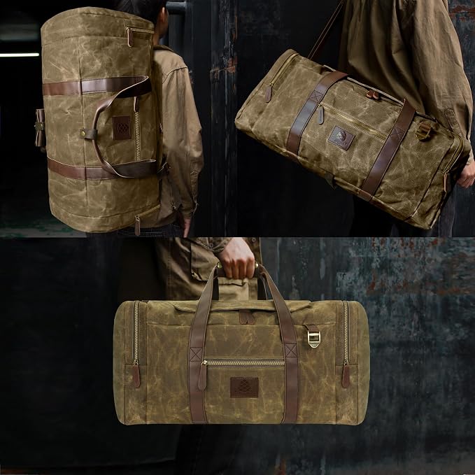 60L Travel Bags for Men, Nomad Washed Canvas Duffle Bag Vintage Genuine Leather - Image 2