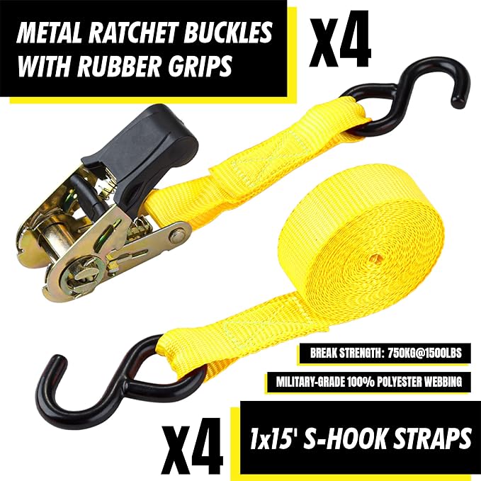 Cartman Ratchet Tie Down, 4Pk 15Ft, 500Lbs Load Cap/ 1500Lbs Break Strength - Image 2