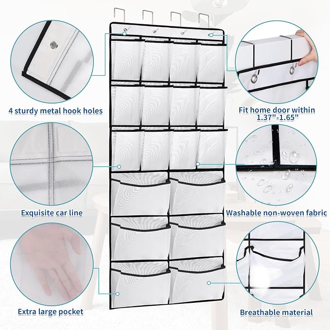 2 Packs Over the Door Shoe Organizer, 36 Large Mesh Pockets Hanging Shoe Boots - Image 3