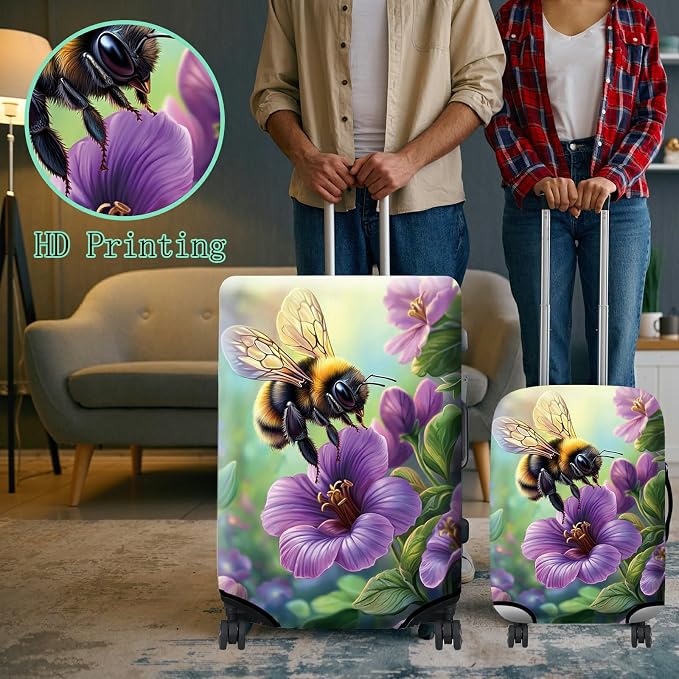 Luggage Cover + Tag, Bee Purple Flowers Travel Suitcase Cover - Image 6