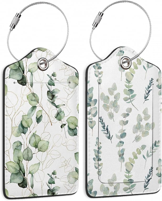2 Pack Leather Luggage Tag for Suitcase Green White Eucalyptus Leaves Unique by TXIANT