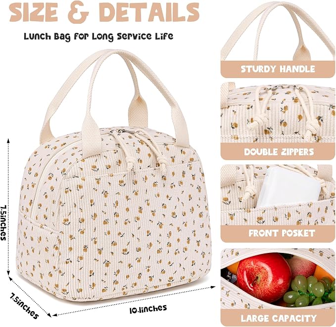 Bluboon Lunch Bag for Women Men Cute Corduroy Lunch Tote Bags Reusable - Image 6