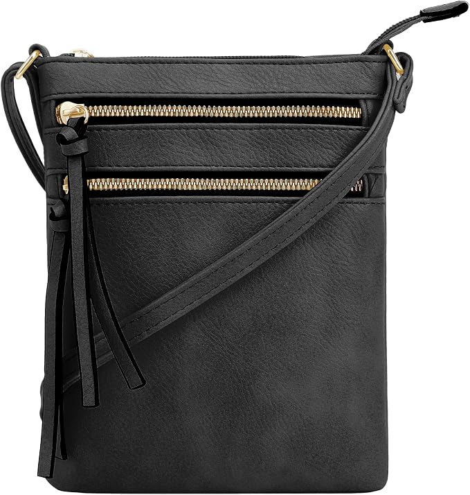 DELUXITY Crossbody Purse Bag Shoulder Bag Multi Pocket Zipper Purse | Black by Deluxity
