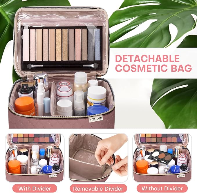 Large Makeup Bag with Mirror Double Layer Travel Make Up Organizer Case - Image 4