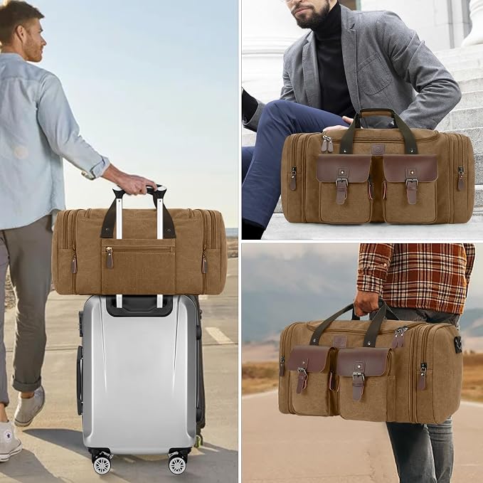 Canvas Duffle Bag for Men 50L Travel Duffel Bags Expandable Genuine Leather - Image 8