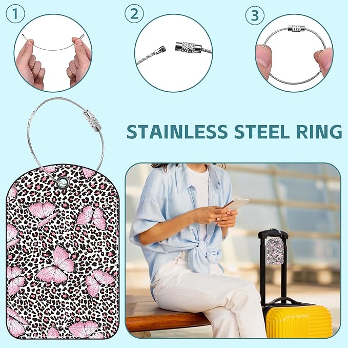 2 Pack Cute Luggage Tag for Suitcases Pink Butterfly and Leopard Leather - Image 3
