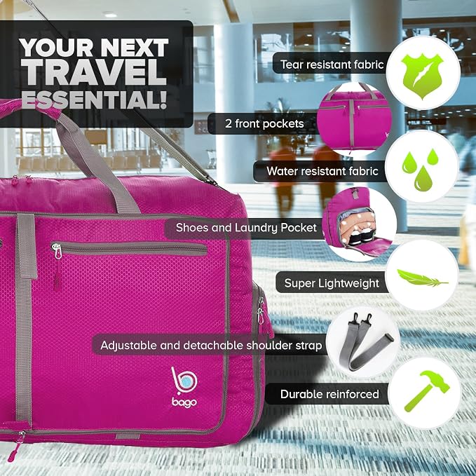 Bago Foldable Duffel Bags for Traveling Women & Men - 60L Medium Packable - Image 3
