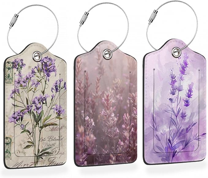 Vintage Purple Lavender 3 PCS Luggage Tags, Leather Suitcase Tags by Losthll