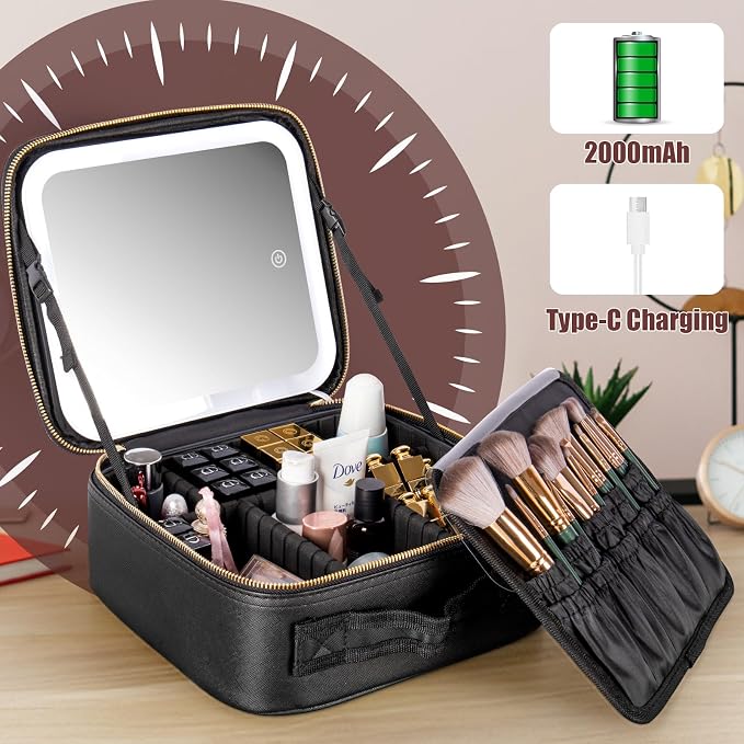 Makeup Travel Train Case with Mirror LED Light 3 Adjustable Brightness Large - Image 2