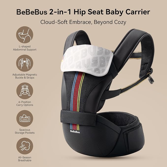 Baby Carrier with Hip Seat, BeBeBus 2-in-1 Ergonomic Newborn to Toddler Carrier - Image 2