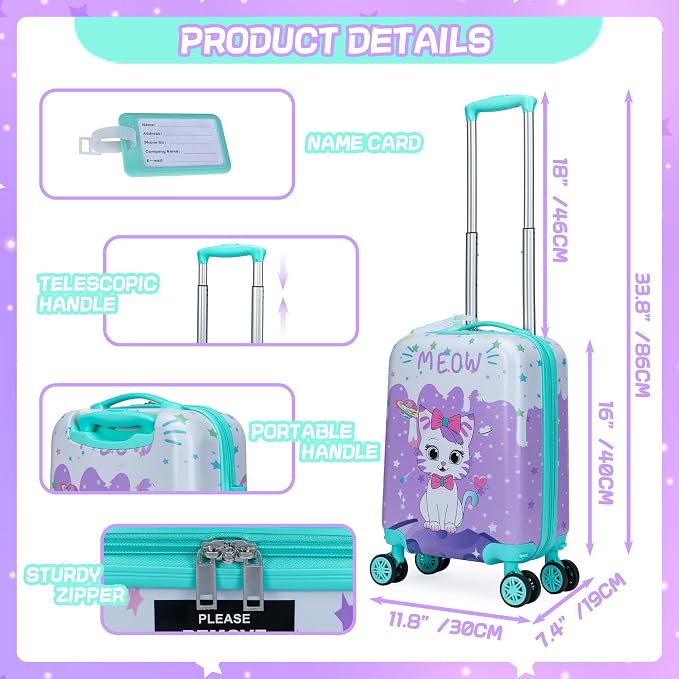 Cute Cat Kid’s Luggage Set 5 Piece Suitcase Set 16’’ Hardside Luggage - Image 2